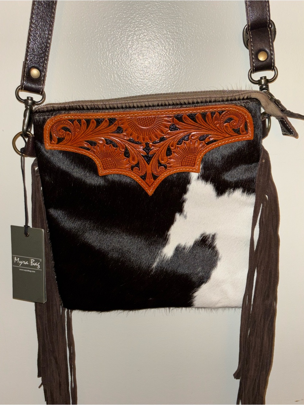 Myra Bag Black White & Brown Cowhide Crossbody with Tooled Leather Accent - Picture 3 of 6